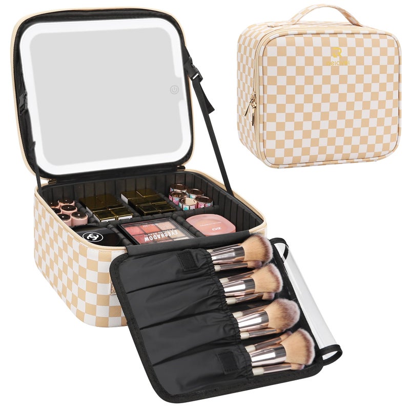 Relavel Travel Makeup Bag With LED Mirror Cosmetic Train Case with Light up Mirror Portable Makeup Artist Organizer Bag with Adjustable Dividers Makeup Brush Holder Storage Plaid
